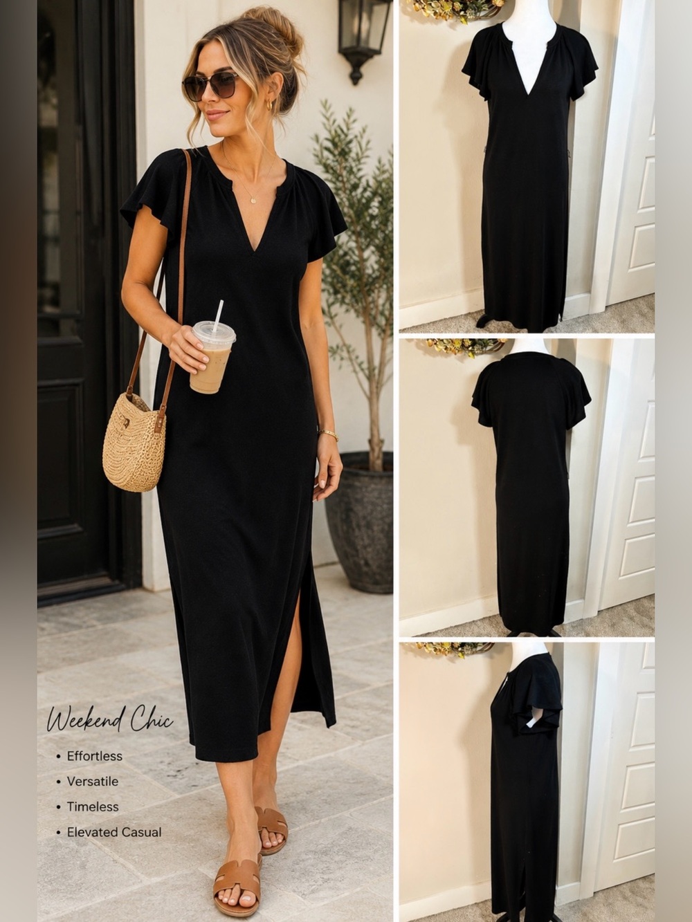 PAIGE Blossom Knit Flutter Sleeve Side Slit Midi Dress Black Women’s Medium💛